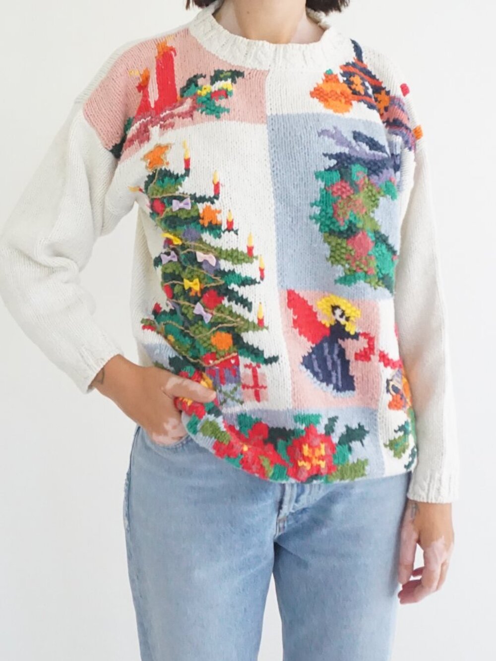 Vintage White Christmas Tree Angel Poinsettia Scenic Knit Holiday Crew Sweater M